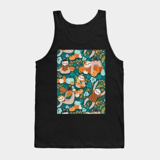 Sloths in pumpkin mood // pattern // green background orange teal and aqua autumnal pumpkins fall leaves shepherd’s check yellow sunflowers Tank Top